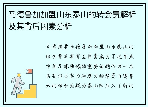 马德鲁加加盟山东泰山的转会费解析及其背后因素分析