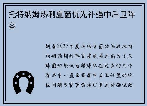 托特纳姆热刺夏窗优先补强中后卫阵容